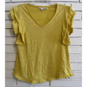Chico's 0  Yellow Tee Top Shirt Fringed Sleeves & Hem Short Sleeve Size‎ Small